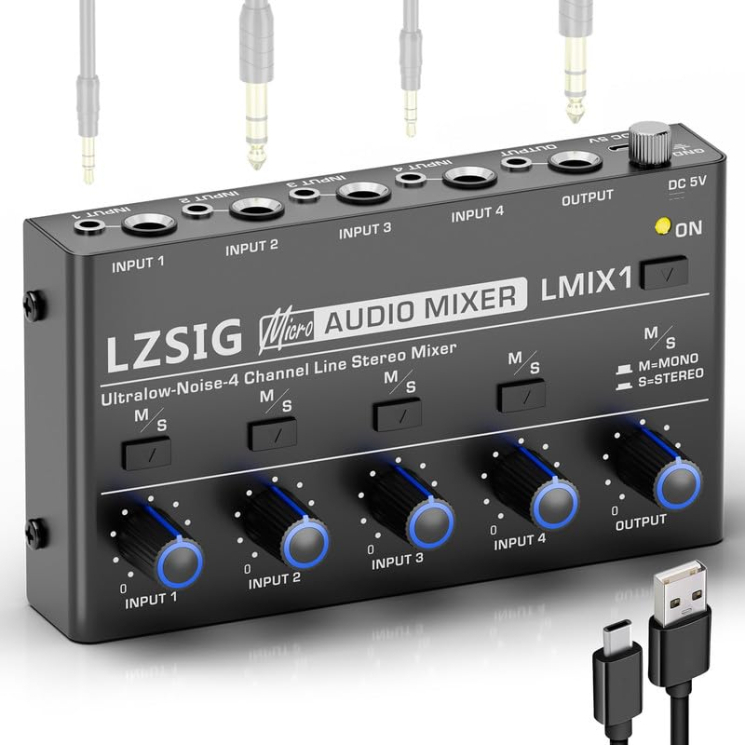 LZSIG Mini Audio Mixer, Ultra Low-Noise, 4-Channel, 4 IN 1 OUT